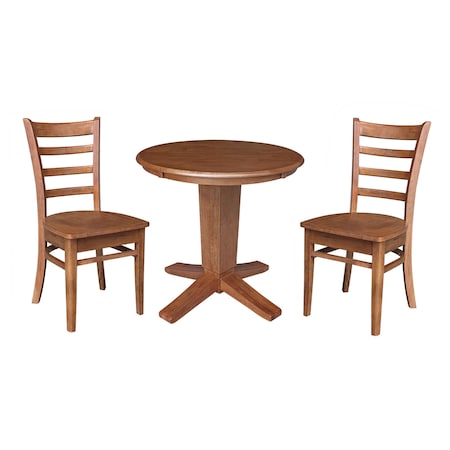 International Concepts 30 in. Solid Wood Round Top Pedestal Dining Table with 2 Chairs in Distressed Oak K42-30RT-23B-C617-2
